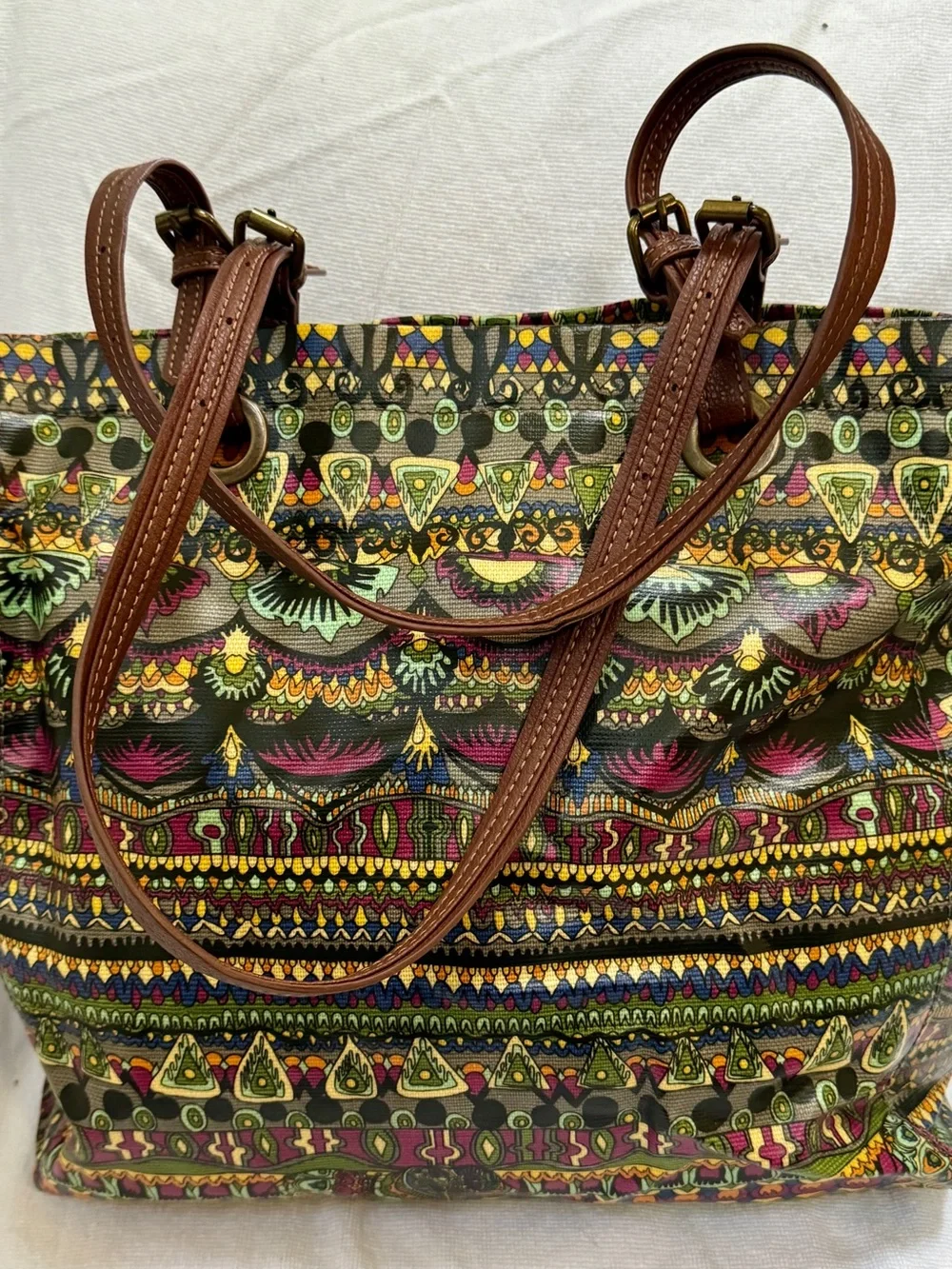Sakroots Vibrant Multicolor Tribal-Print Tote with Brown Handles